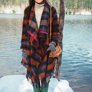 Anthropologie Hei Hei Plaid Tartan Wool Fringe Blanket Coat Jacket Size XS/S